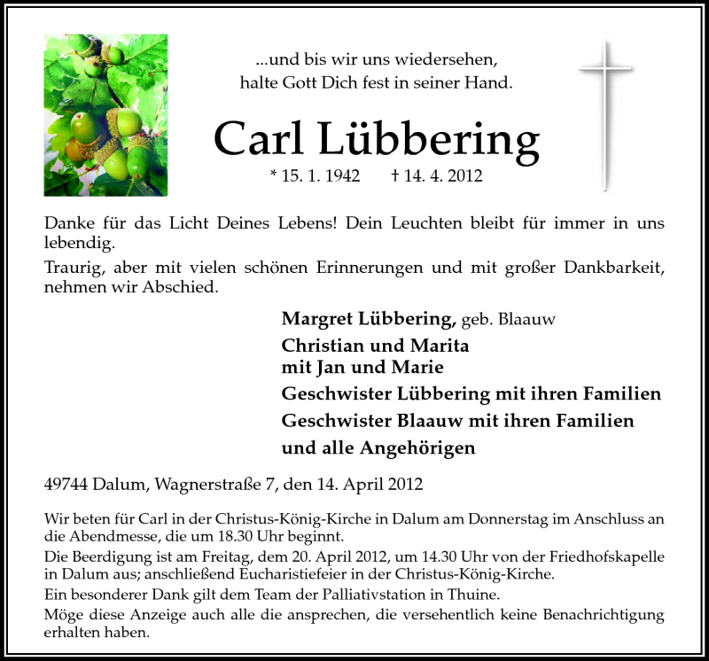  Traueranzeige für Carl Lübbering vom 17.04.2012 aus Neue Osnabrücker Zeitung GmbH & Co. KG
