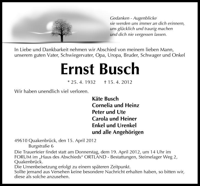  Traueranzeige für Ernst Busch vom 17.04.2012 aus Neue Osnabrücker Zeitung GmbH & Co. KG