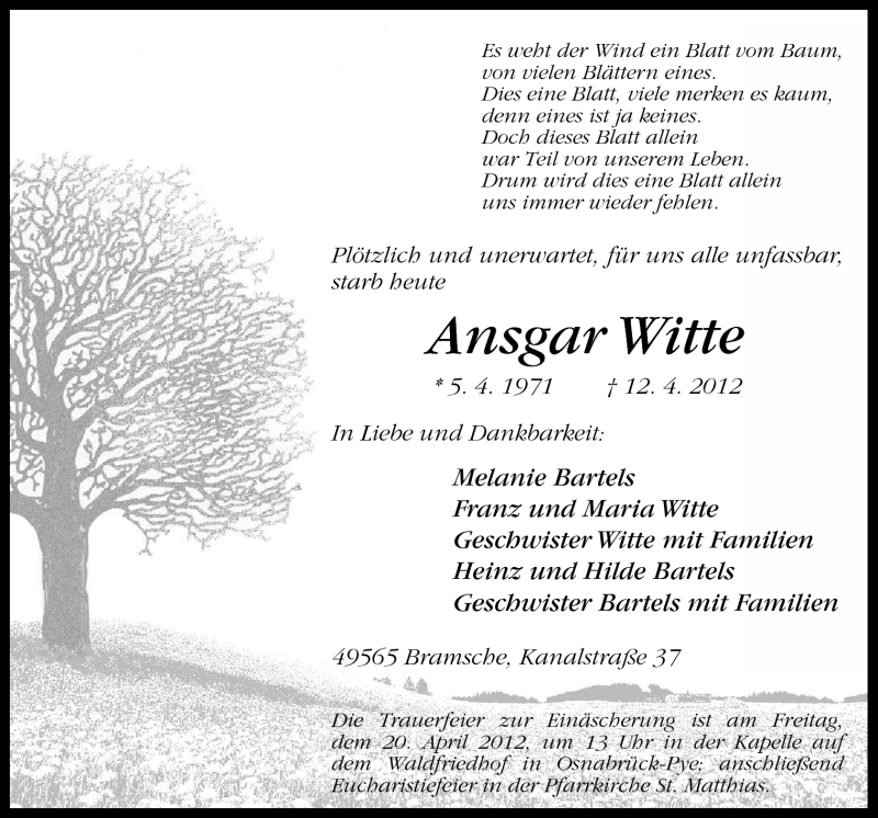  Traueranzeige für Ansgar Witte vom 17.04.2012 aus Neue Osnabrücker Zeitung GmbH & Co. KG