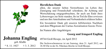 Traueranzeige von Johanna Engling von Neue Osnabrücker Zeitung GmbH & Co. KG