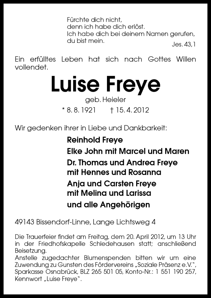  Traueranzeige für Luise Freye vom 18.04.2012 aus Neue Osnabrücker Zeitung GmbH & Co. KG