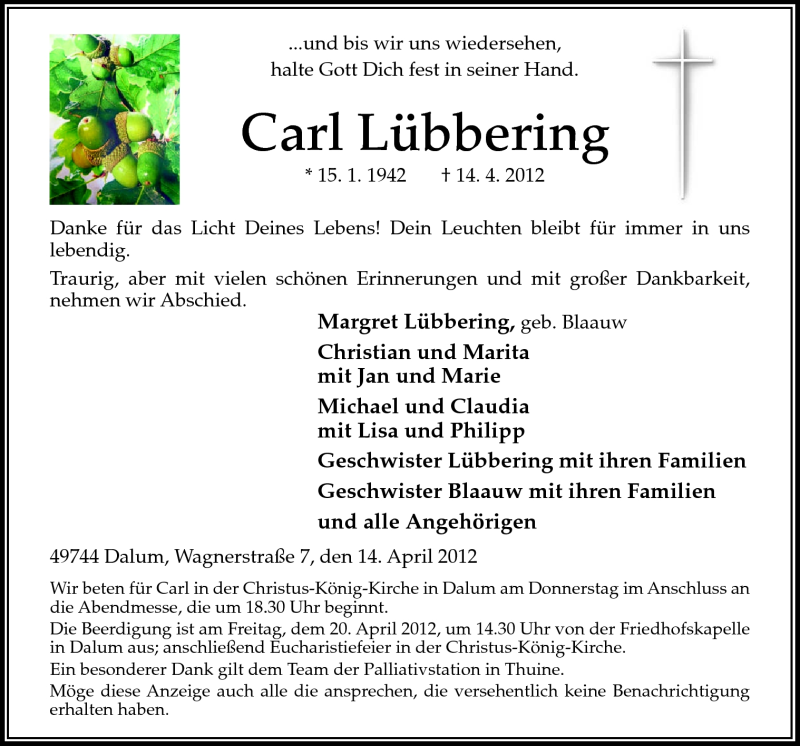  Traueranzeige für Carl Lübbering vom 18.04.2012 aus Neue Osnabrücker Zeitung GmbH & Co. KG