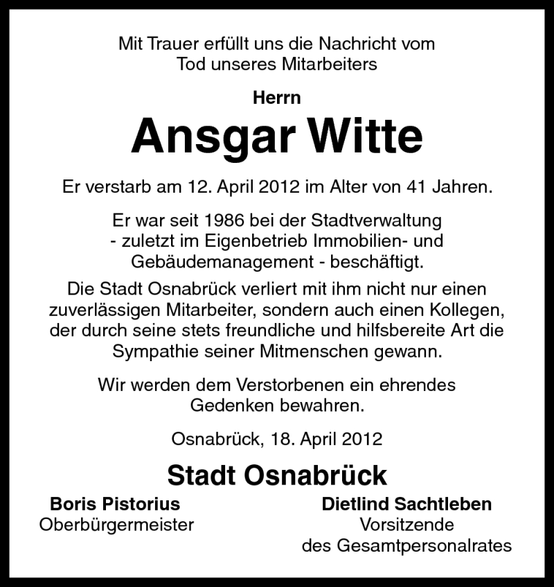  Traueranzeige für Ansgar Witte vom 18.04.2012 aus Neue Osnabrücker Zeitung GmbH & Co. KG