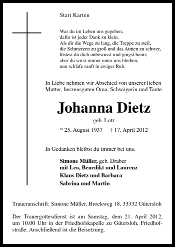Traueranzeige von Dietz Johanna von Neue Osnabrücker Zeitung GmbH & Co. KG