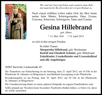 Traueranzeige von Gesina Hillebrand von Neue Osnabrücker Zeitung GmbH & Co. KG