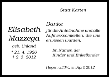 Traueranzeige von Elisabeth Mazzega von Neue Osnabrücker Zeitung