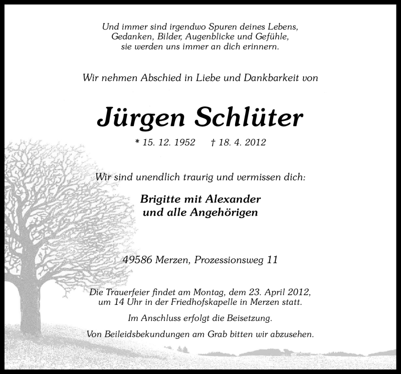  Traueranzeige für Jürgen Schlüter vom 21.04.2012 aus Neue Osnabrücker Zeitung