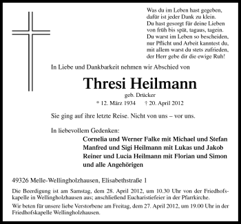 Traueranzeige von Thresi Heilmann von Neue Osnabrücker Zeitung GmbH & Co. KG