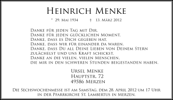 Traueranzeige von Heinrich Menke von Neue Osnabrücker Zeitung GmbH & Co. KG