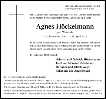 Traueranzeige von Agnes Höckelmann von Neue Osnabrücker Zeitung GmbH & Co. KG