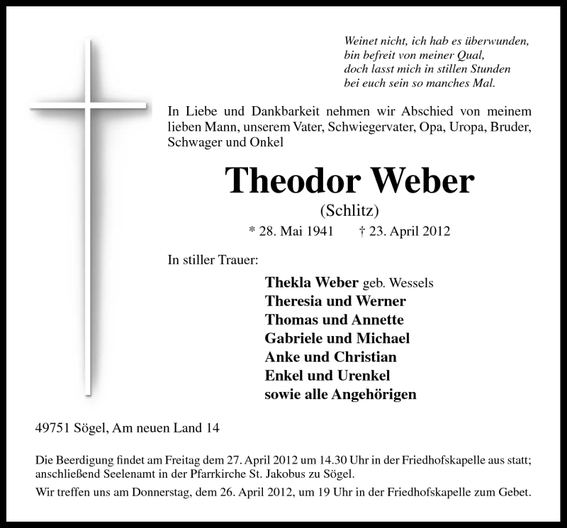  Traueranzeige für Theodor Weber vom 25.04.2012 aus Neue Osnabrücker Zeitung GmbH & Co. KG