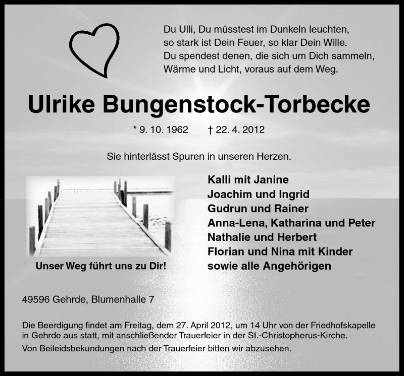  Traueranzeige für Ulrike Bungenstock-Torbecke vom 25.04.2012 aus Neue Osnabrücker Zeitung GmbH & Co. KG