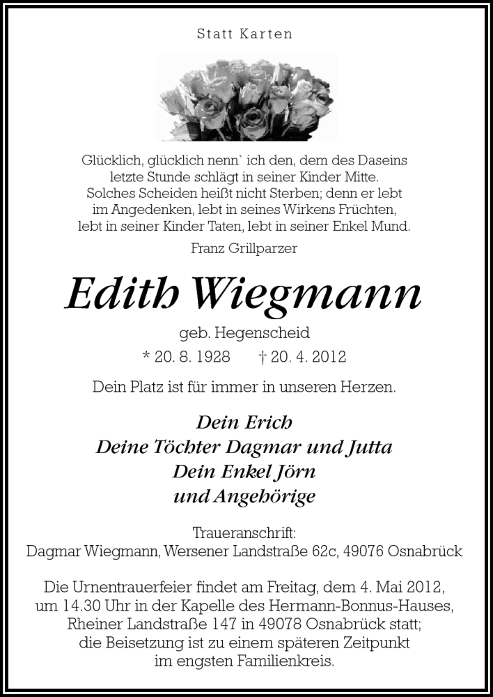  Traueranzeige für Edith Wiegmann vom 28.04.2012 aus Neue Osnabrücker Zeitung GmbH & Co. KG