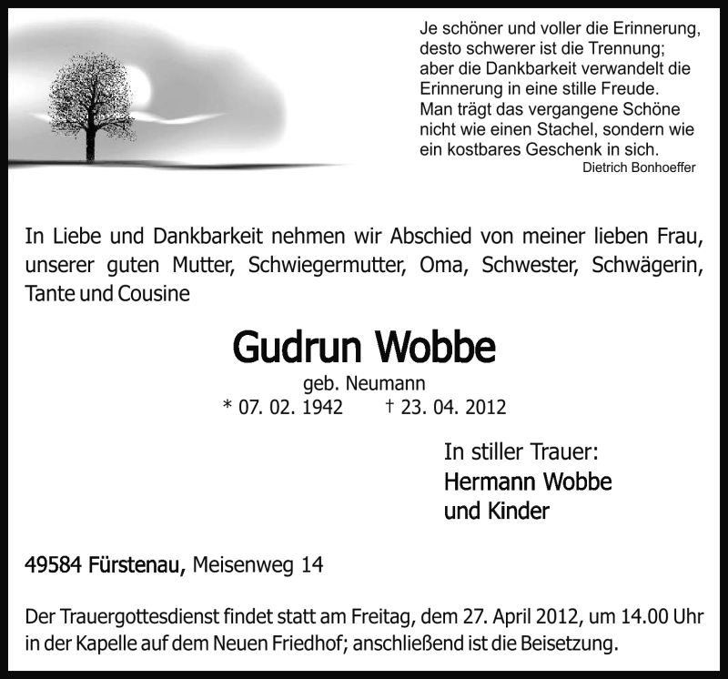  Traueranzeige für Gudrun Wobbe vom 25.04.2012 aus Neue Osnabrücker Zeitung GmbH & Co. KG