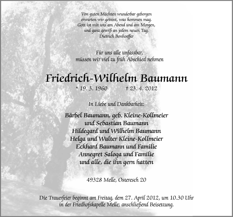  Traueranzeige für Friedrich-Wilhelm Baumann vom 25.04.2012 aus Neue Osnabrücker Zeitung GmbH & Co. KG