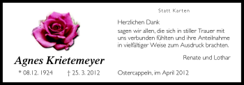 Traueranzeige von Agnes Krietemeyer von Neue Osnabrücker Zeitung GmbH & Co. KG