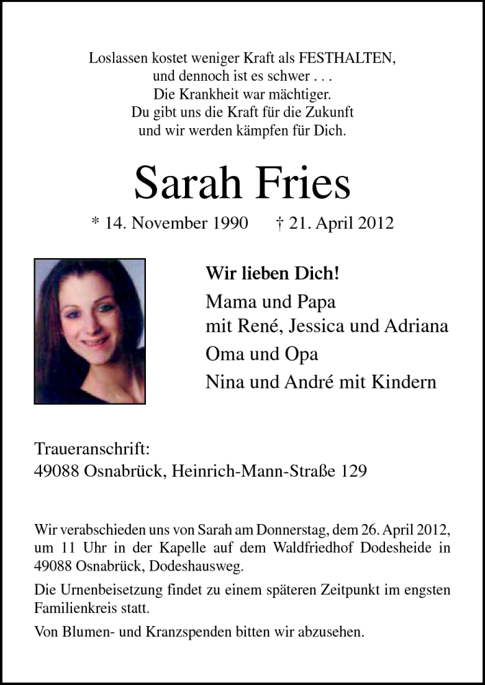  Traueranzeige für Sarah Fries vom 25.04.2012 aus Neue Osnabrücker Zeitung GmbH & Co. KG