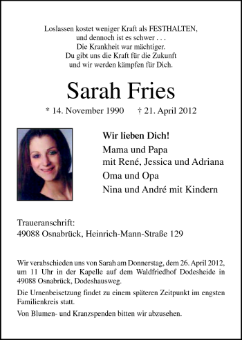 Traueranzeige von Sarah Fries von Neue Osnabrücker Zeitung GmbH & Co. KG