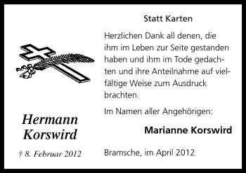 Traueranzeige von Hermann Korswird von Neue Osnabrücker Zeitung GmbH & Co. KG