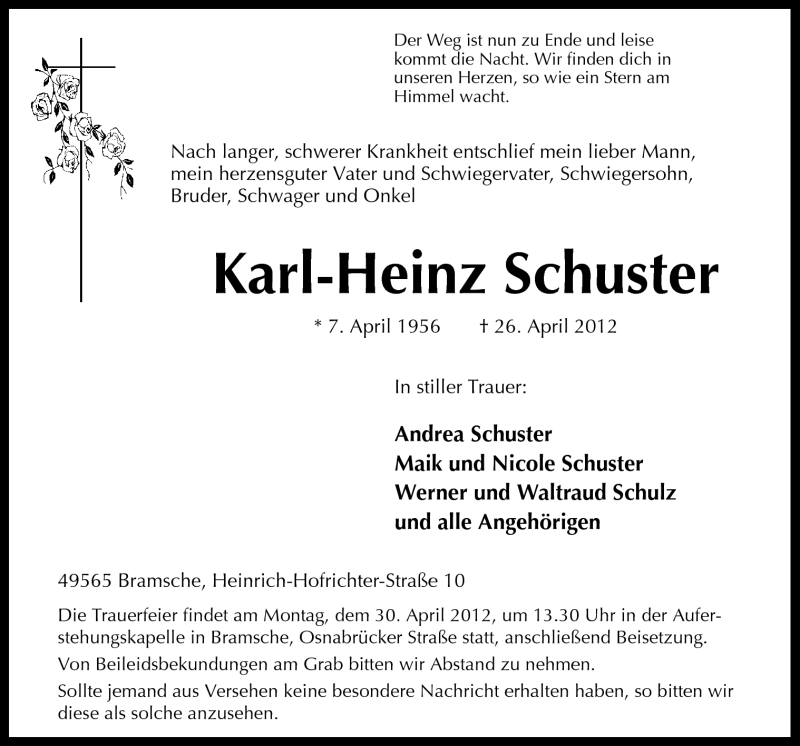 Traueranzeige für Karl-Heinz Schuster vom 28.04.2012 aus Neue Osnabrücker Zeitung GmbH & Co. KG