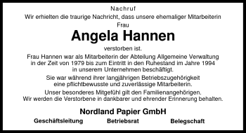 Traueranzeige von Angela Hannen von Neue Osnabrücker Zeitung GmbH & Co. KG