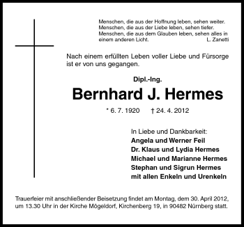 Traueranzeige von Bernhard J. Hermes von Neue Osnabrücker Zeitung GmbH & Co. KG