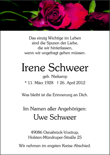 Traueranzeige von Irene Schweer von Neue Osnabrücker Zeitung GmbH & Co. KG