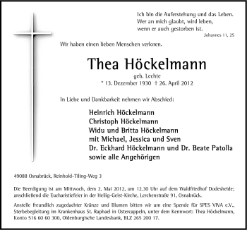 Traueranzeige von Thea Höckelmann von Neue Osnabrücker Zeitung GmbH & Co. KG