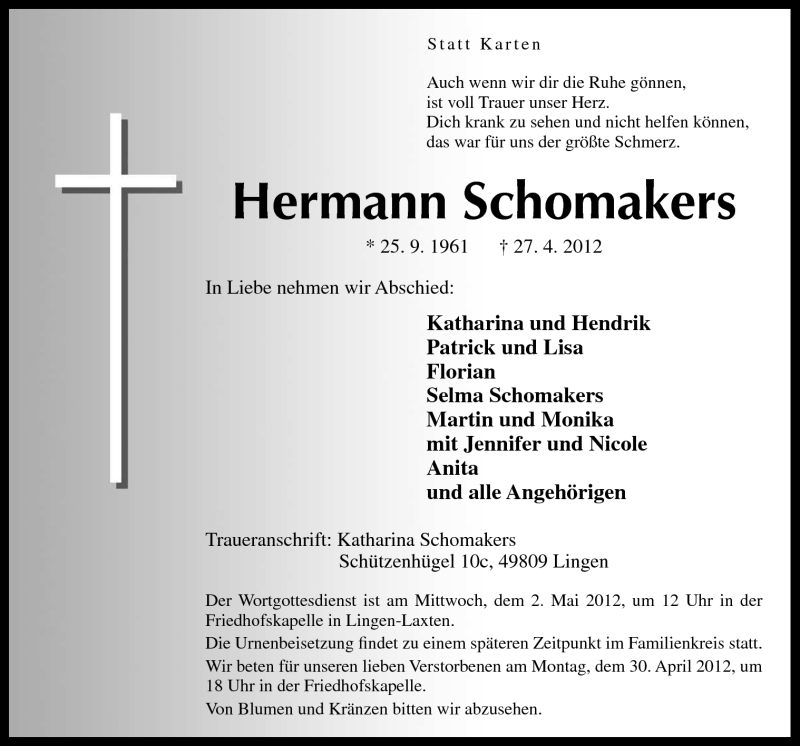  Traueranzeige für Hermann Schomakers vom 30.04.2012 aus Neue Osnabrücker Zeitung GmbH & Co. KG