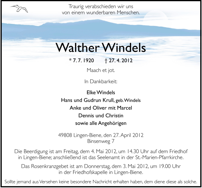  Traueranzeige für Walther Windels vom 30.04.2012 aus Neue Osnabrücker Zeitung GmbH & Co. KG