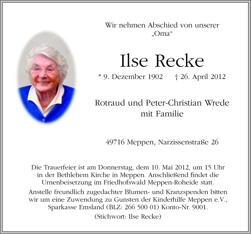  Traueranzeige für Ilse Recke vom 30.04.2012 aus Neue Osnabrücker Zeitung GmbH & Co. KG