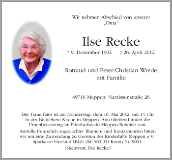 Traueranzeige von Ilse Recke von Neue Osnabrücker Zeitung GmbH & Co. KG