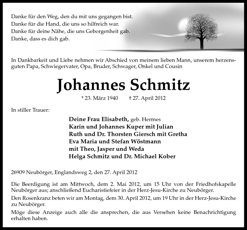  Traueranzeige für Johannes Schmitz vom 30.04.2012 aus Neue Osnabrücker Zeitung GmbH & Co. KG
