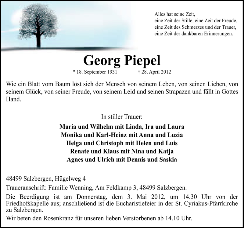  Traueranzeige für Georg Piepel vom 30.04.2012 aus Neue Osnabrücker Zeitung GmbH & Co. KG