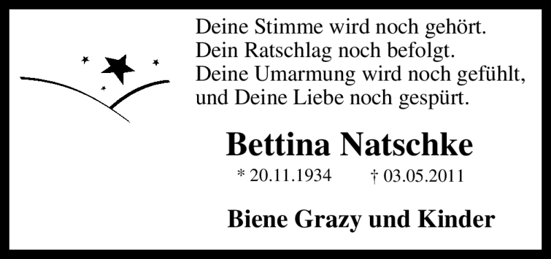  Traueranzeige für Bettina Natschke vom 03.05.2012 aus Neue Osnabrücker Zeitung