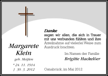 Traueranzeige von Margarete Klein von Neue Osnabrücker Zeitung GmbH & Co. KG
