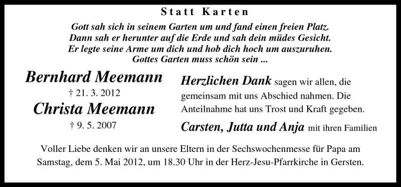  Traueranzeige für Bernhard und Christa Meemann vom 02.05.2012 aus Neue Osnabrücker Zeitung GmbH & Co. KG