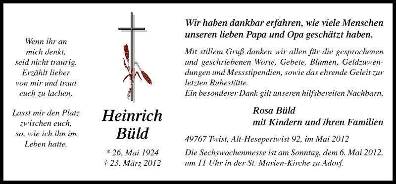  Traueranzeige für Heinrich Büld vom 02.05.2012 aus Neue Osnabrücker Zeitung GmbH & Co. KG