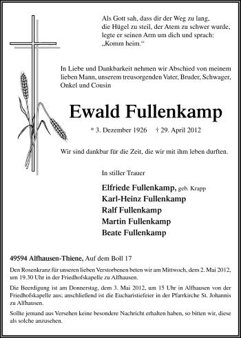 Traueranzeige von Ewald Fullenkamp von Neue Osnabrücker Zeitung GmbH & Co. KG