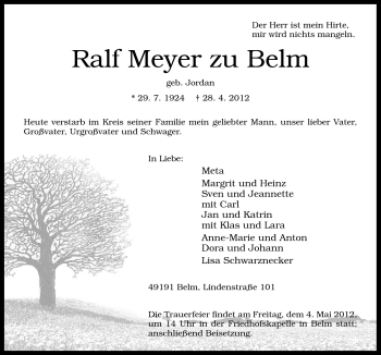 Traueranzeige von Ralf Meyer zu Belm von Neue Osnabrücker Zeitung GmbH & Co. KG