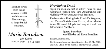 Traueranzeige von Maria Berndsen von Neue Osnabrücker Zeitung GmbH & Co. KG