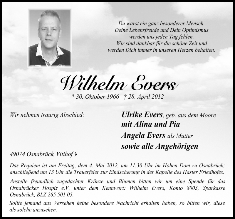 Traueranzeige für Wilhelm Evers vom 02.05.2012 aus Neue Osnabrücker Zeitung GmbH & Co. KG