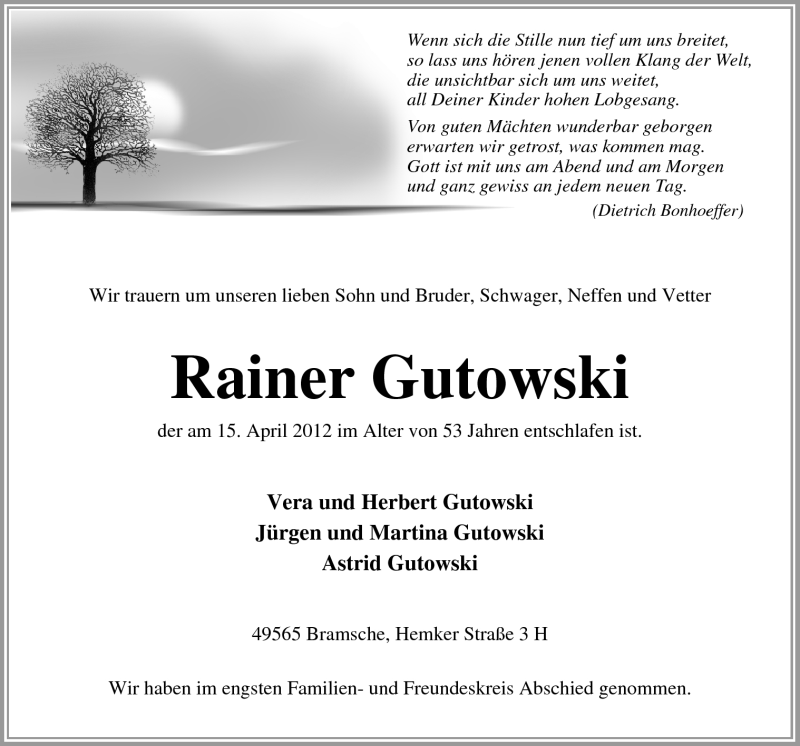  Traueranzeige für Rainer Gutowski vom 03.05.2012 aus Neue Osnabrücker Zeitung GmbH & Co. KG
