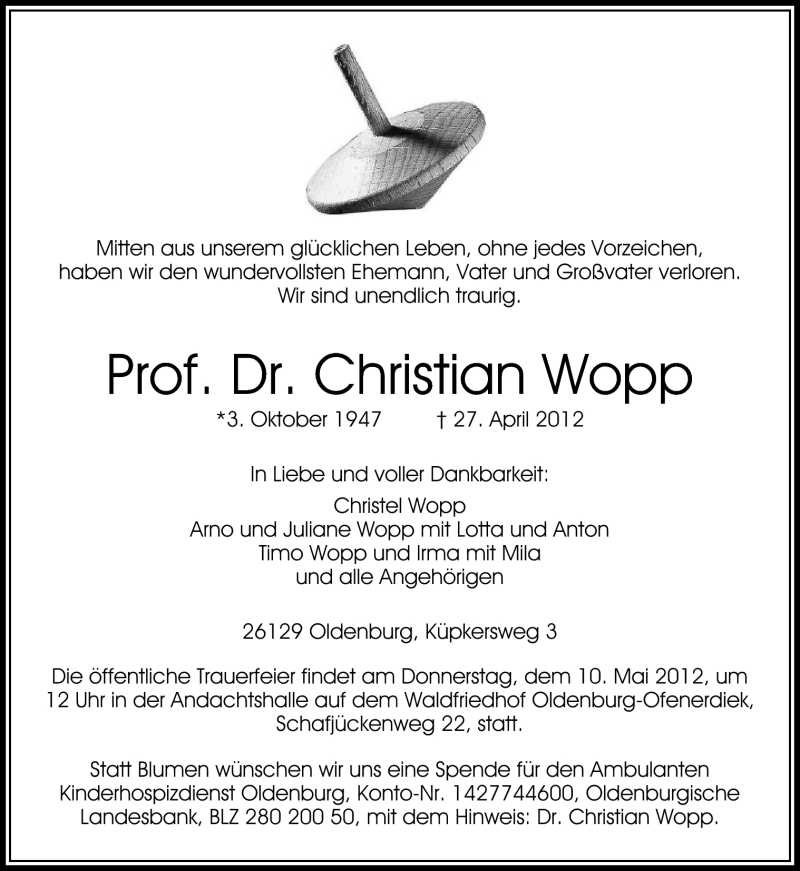  Traueranzeige für Christian Wopp vom 03.05.2012 aus Neue Osnabrücker Zeitung GmbH & Co. KG