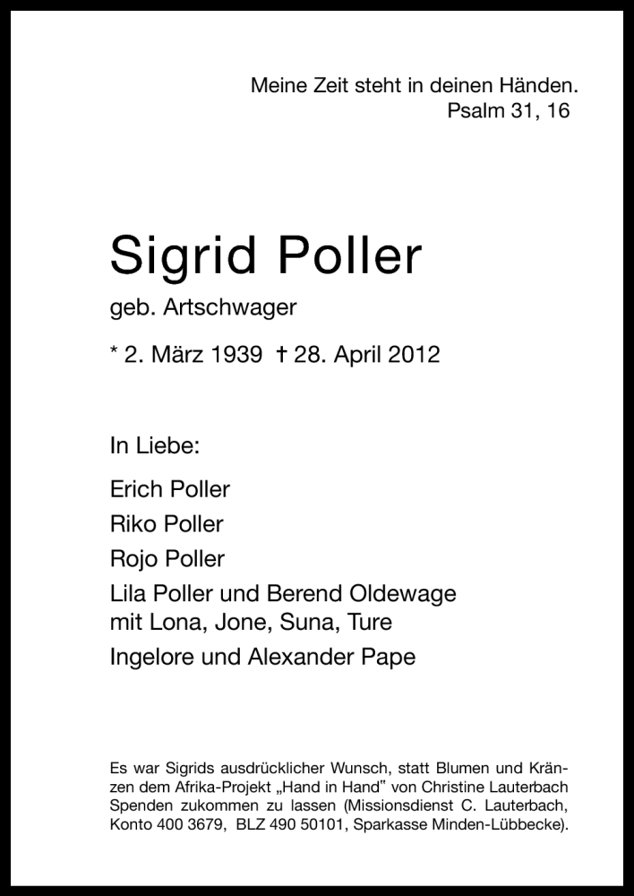  Traueranzeige für Sigrid Poller vom 05.05.2012 aus Neue Osnabrücker Zeitung GmbH & Co. KG