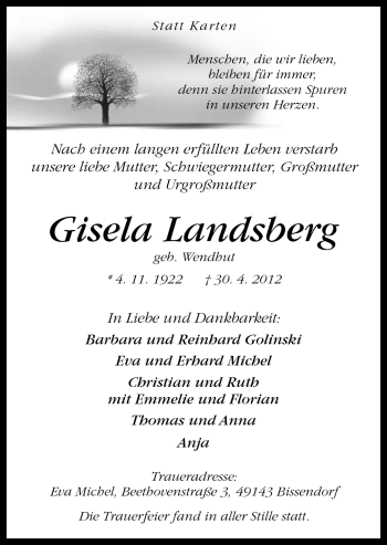 Traueranzeige von Gisela Landsberg von Neue Osnabrücker Zeitung GmbH & Co. KG