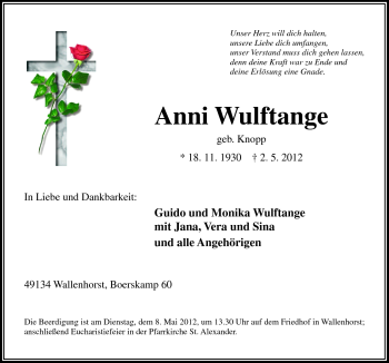 Traueranzeige von Anni Wulftange von Neue Osnabrücker Zeitung GmbH & Co. KG