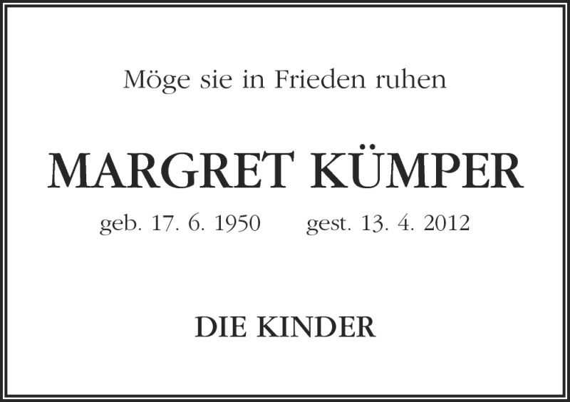  Traueranzeige für Margret Kümper vom 05.05.2012 aus Neue Osnabrücker Zeitung GmbH & Co. KG