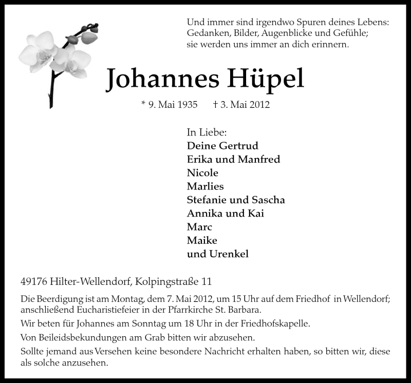  Traueranzeige für Johannes Hüpel vom 05.05.2012 aus Neue Osnabrücker Zeitung GmbH & Co. KG