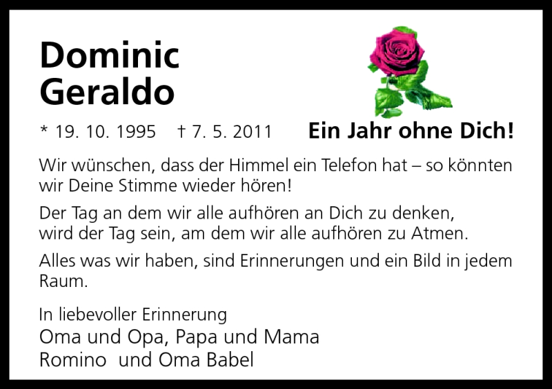  Traueranzeige für Dominic Marcio Geraldo vom 07.05.2012 aus Neue Osnabrücker Zeitung GmbH & Co. KG